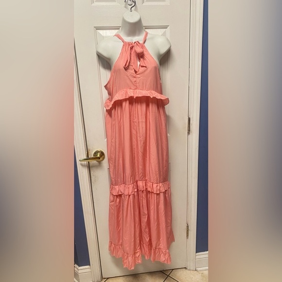 Women’s Halter Midi Dress Sz L Peach Tiered Rayon Blend Sheer  Beach Sundress - Picture 1 of 8